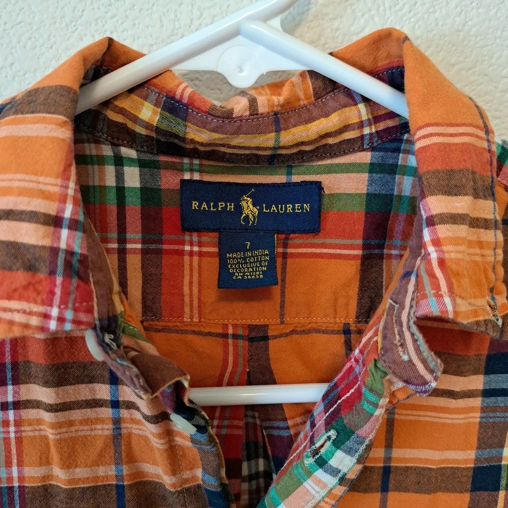 Ralph Lauren Boys Orange Plaid Short Sleeve Button Down Shirt Size 7 Cotton